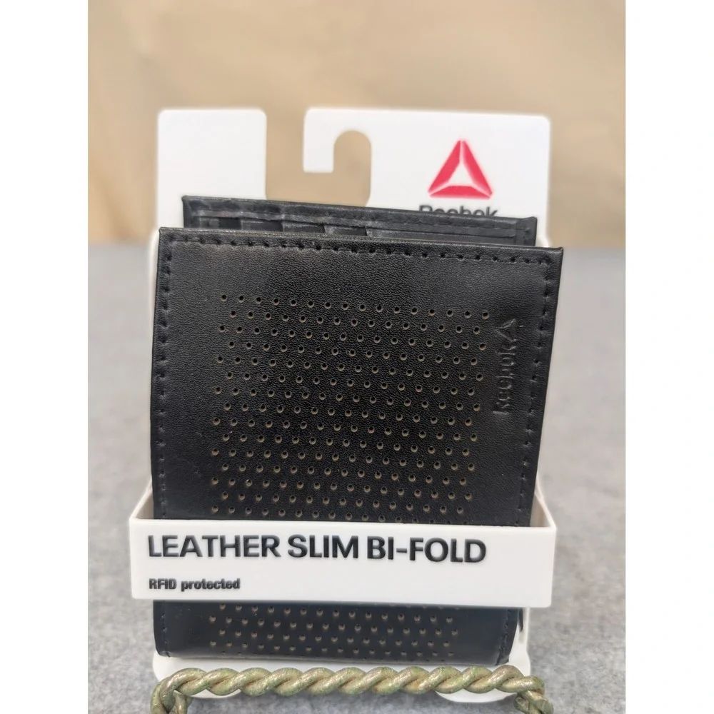Reebok Leather Slim‎ Bi Fold Wallet RFID Protected Black Perforated Men